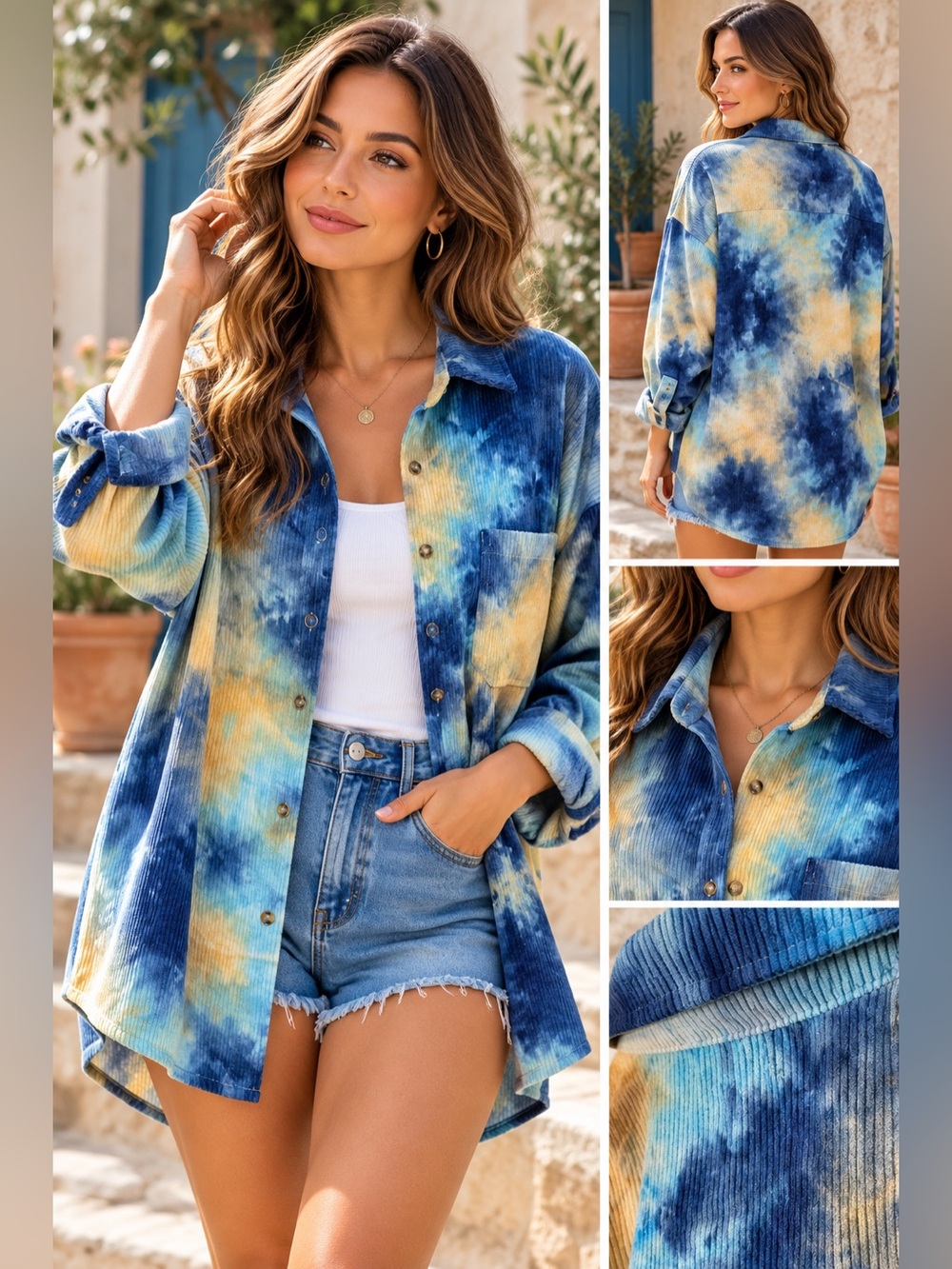 Tie-Dye Corduroy Button-Down Blouse Blue Yellow Long Sleeve Size L